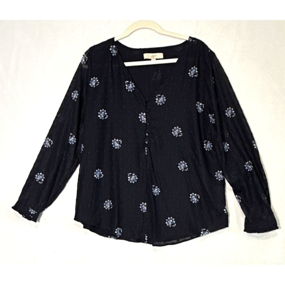 LOFT Sheer Navy Floral Peasant Button-Front Blouse XL Long Sleeve Flowy Top Boho
